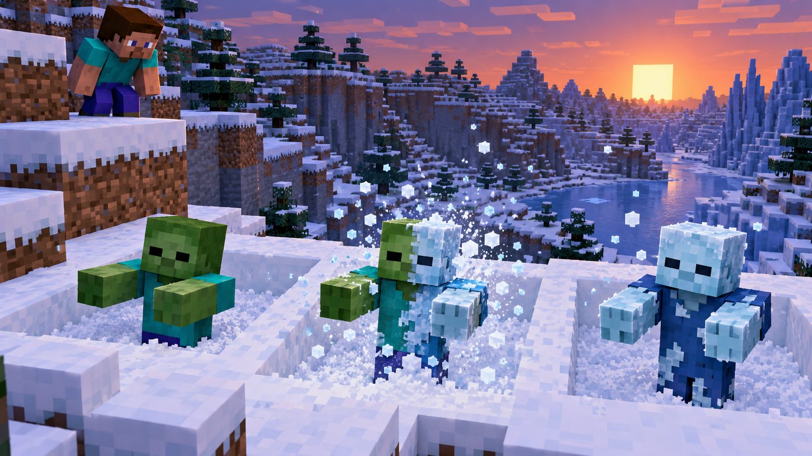 Minecraft-style Zombie transforming into a Frostbite inside Powder Snow