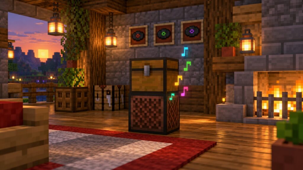 Minecraft-style closed chest directly on an automatically playing Jukebox