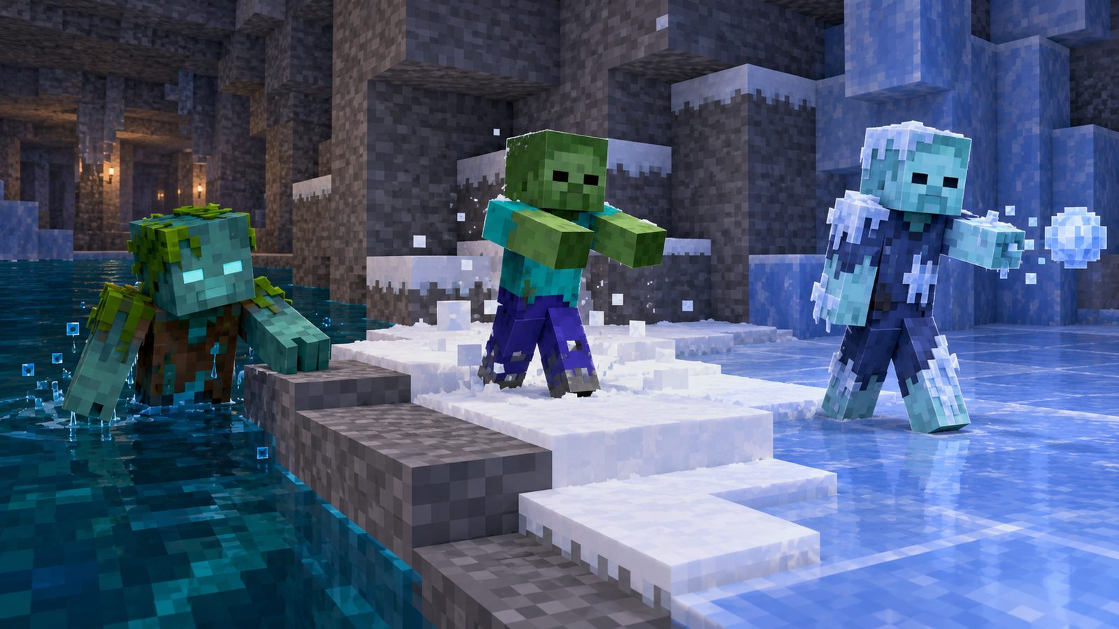 Minecraft-style Drowned changing to a Zombie and then a Frostbite near Powder Snow