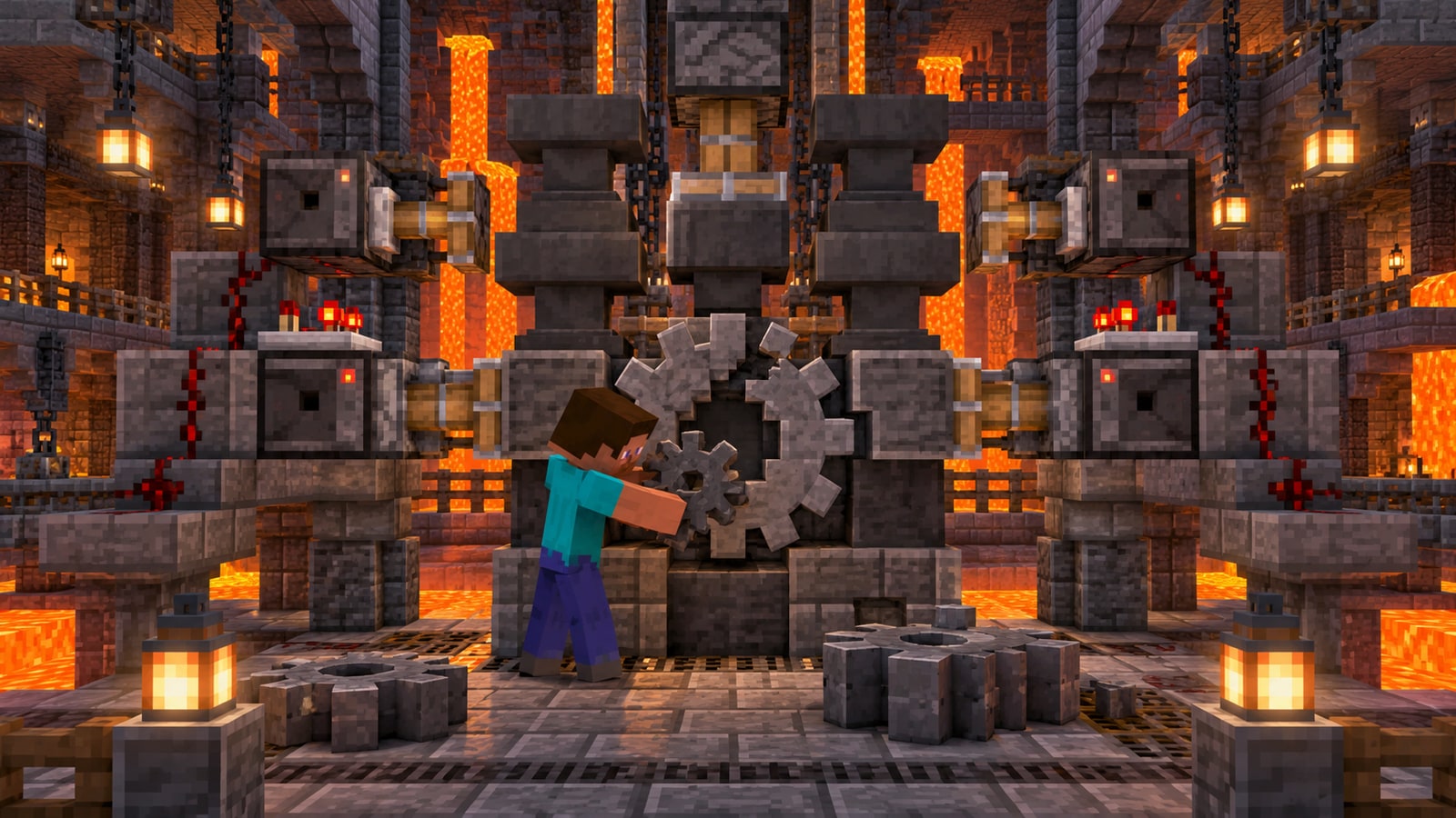 Minecraft-style stone forge workshop repairing a broken mod-loading mechanism