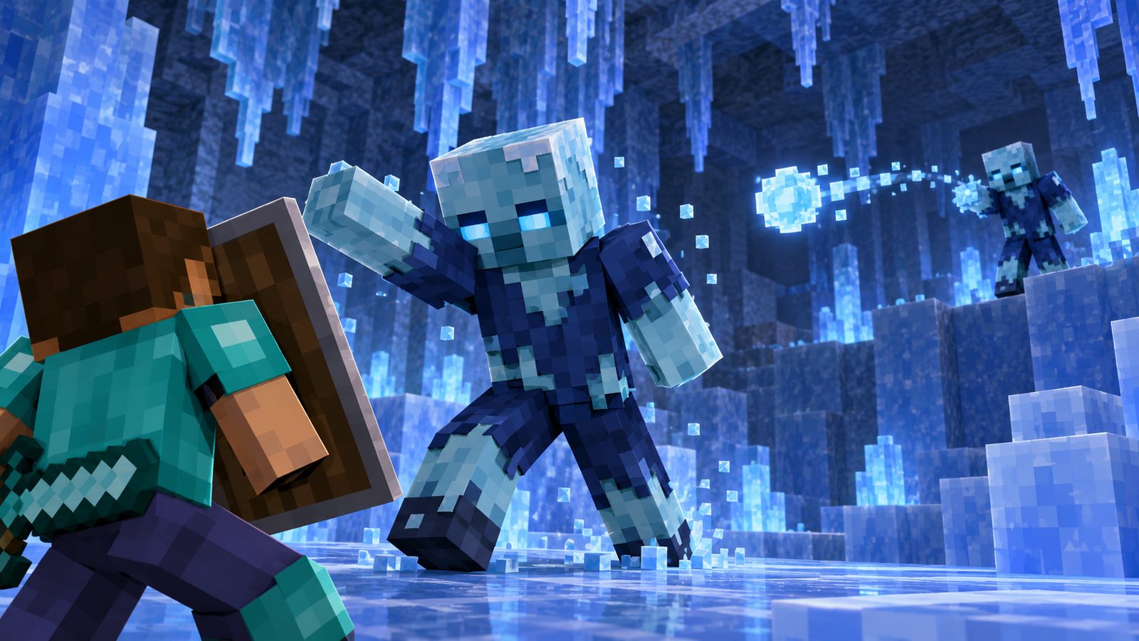 Minecraft-style Frostbites using melee and ranged Ice Ball attacks