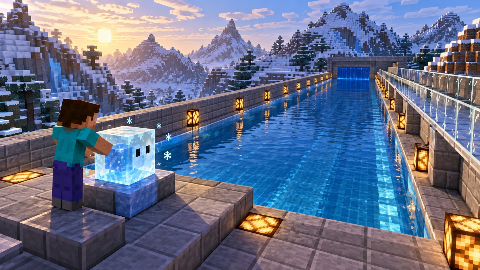 Purpose-built Minecraft water test pool with a Cold Sulfur Cube launch platform