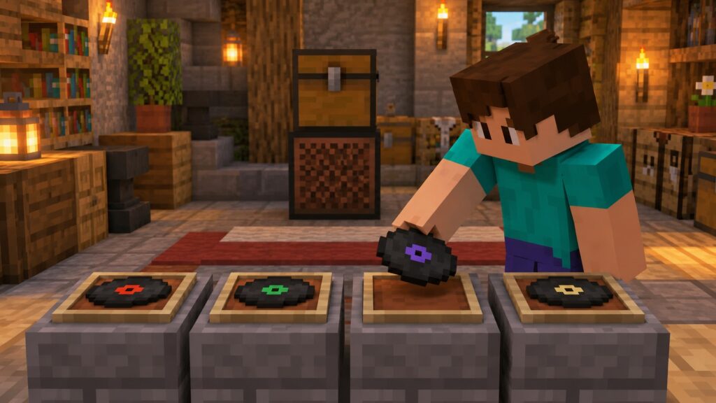 Minecraft-style player arranging four Music Discs from left to right