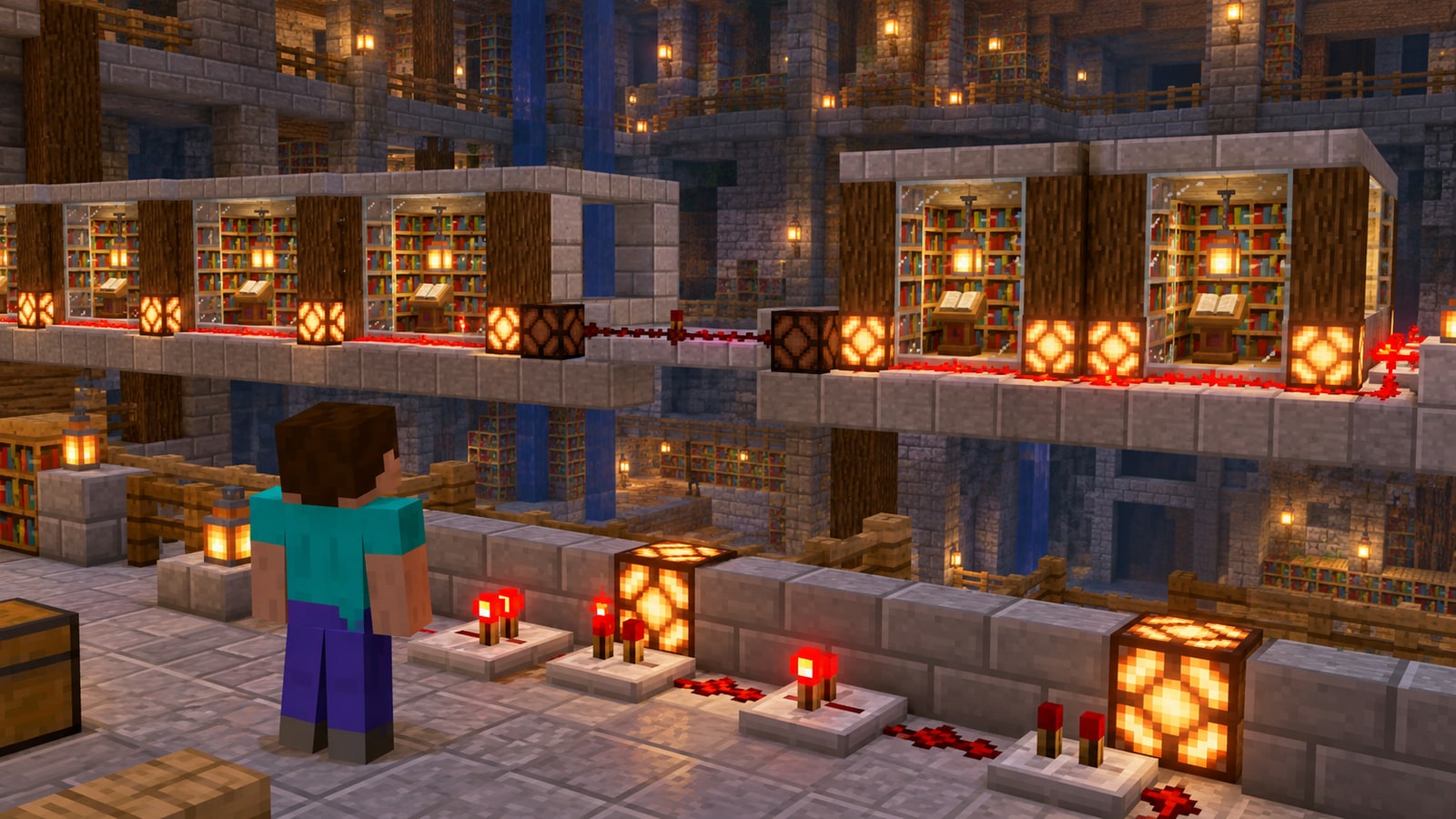 Minecraft-style chain of library modules with one missing block and one duplicate