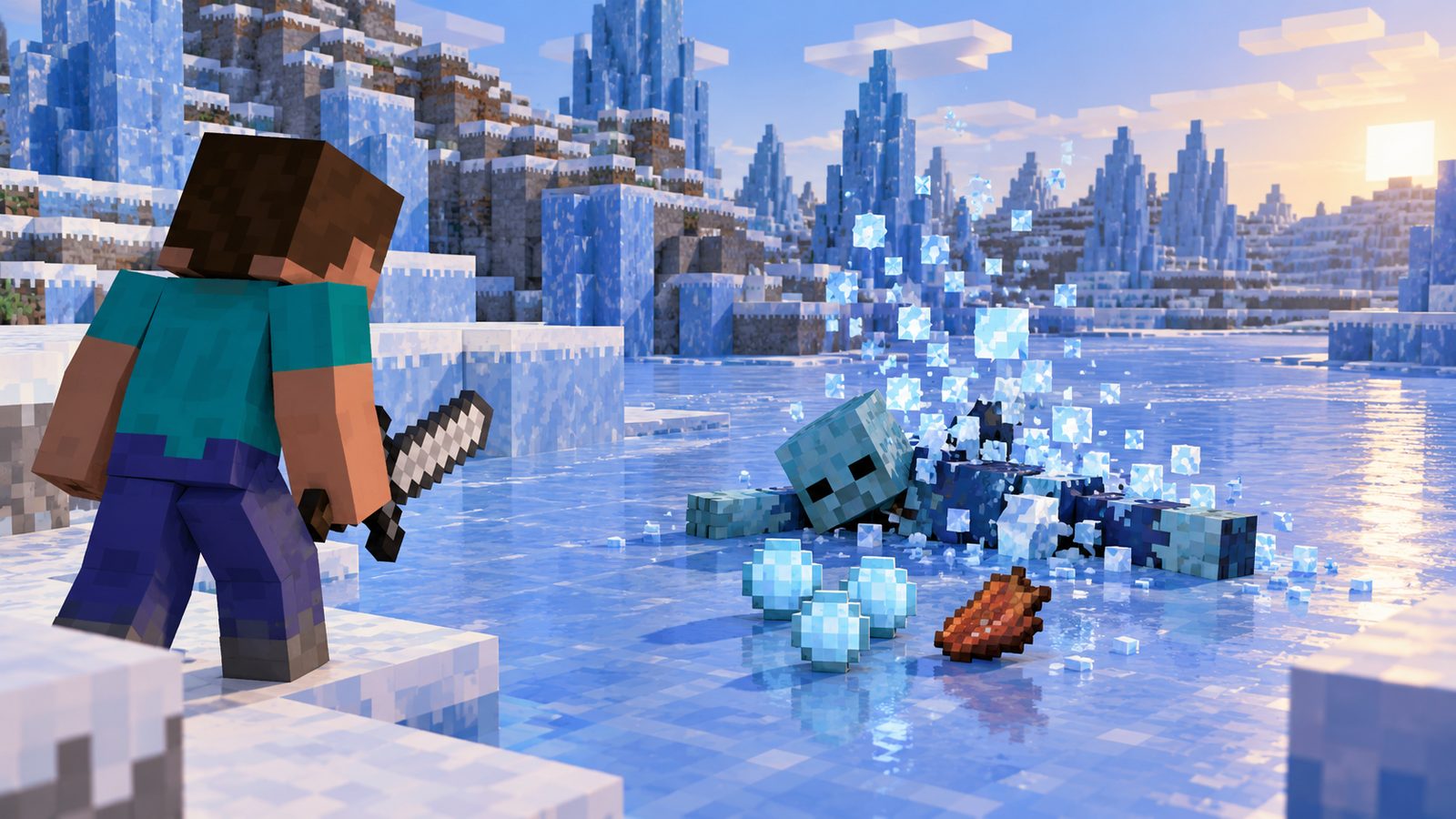 Minecraft-style Ice Balls and Rotten Flesh dropped by a defeated Frostbite