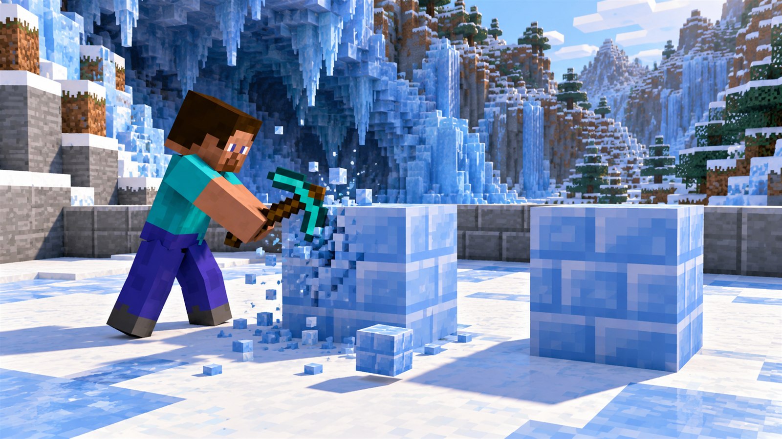 Minecraft player mining a Packed Ice Bricks block with a diamond pickaxe
