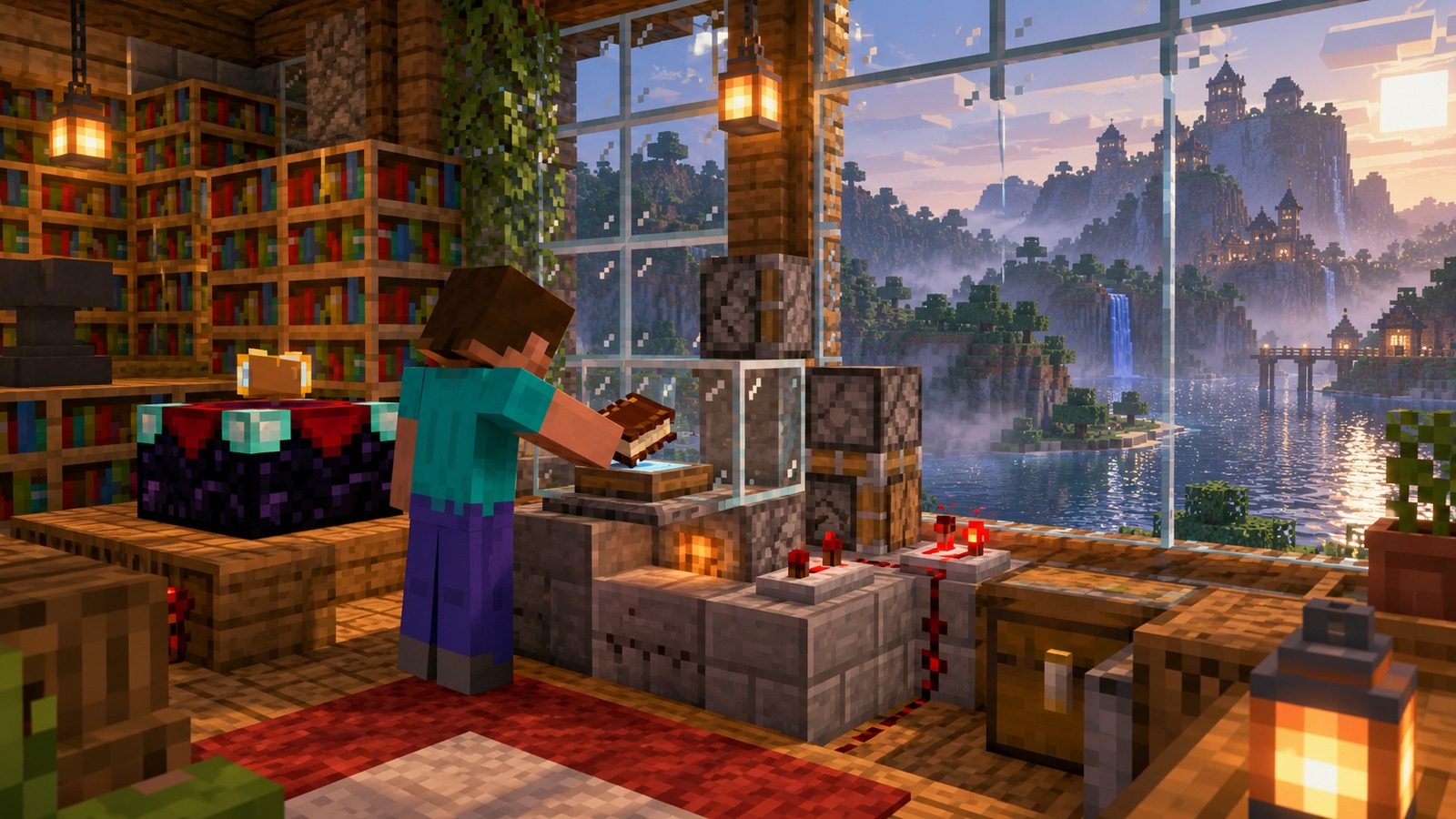 Minecraft-style visual mod workshop with shader lighting outside