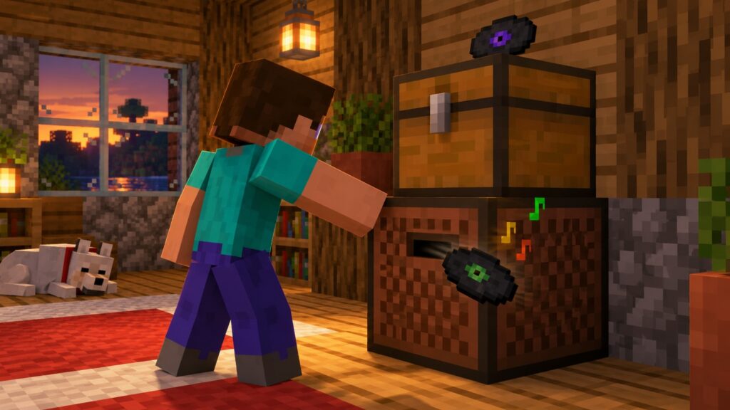 Minecraft-style player ejecting a Music Disc from a chest-and-Jukebox playlist