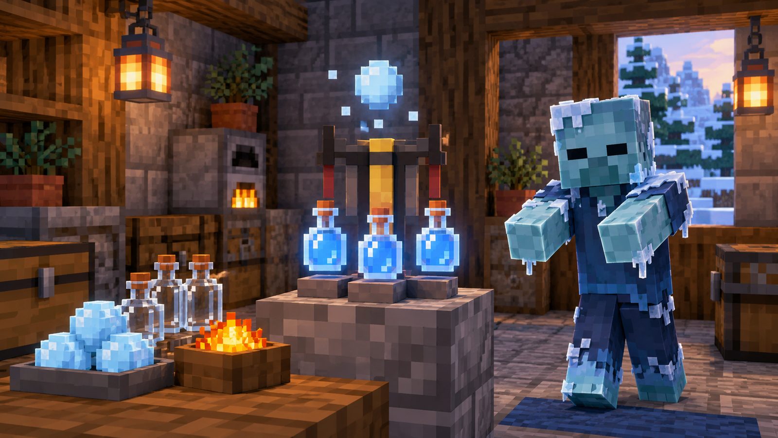 Minecraft-style brewing stand making blue Potions of Freezing with an Ice Ball