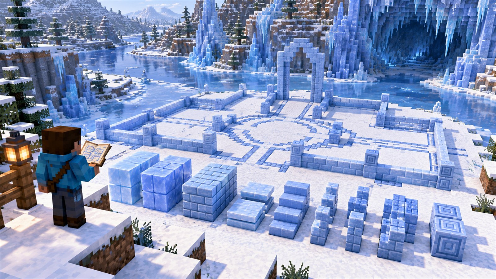 Minecraft builder planning with Packed Ice, bricks, slabs, stairs, walls and chiseled blocks