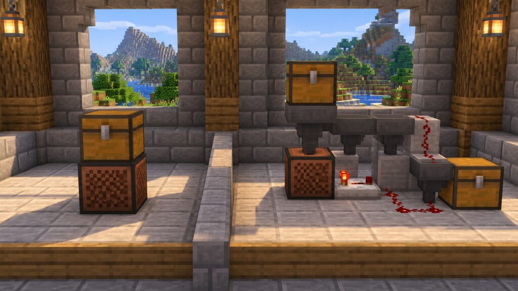 Minecraft-style simple Jukebox Playlist beside a larger hopper and redstone music setup