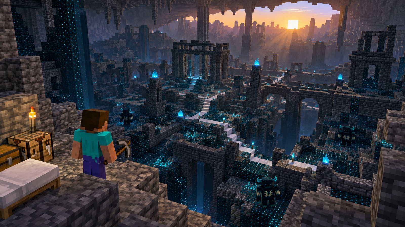 Minecraft-style closest city with village support editorial scene