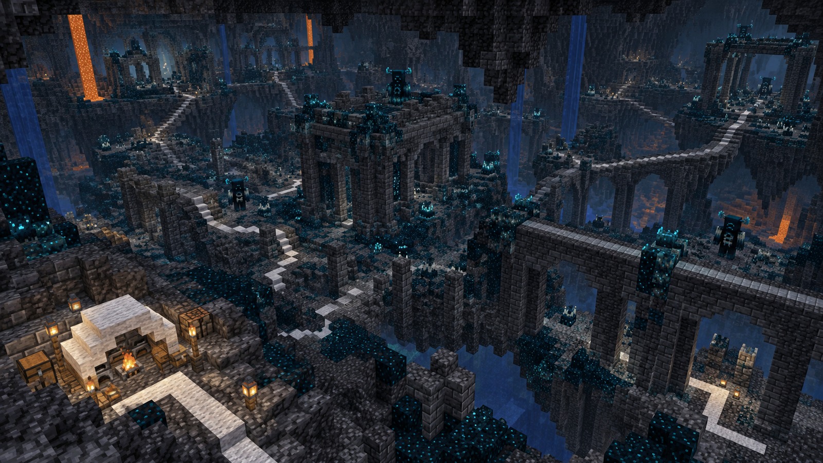 Minecraft-style portal-and-city pair editorial scene