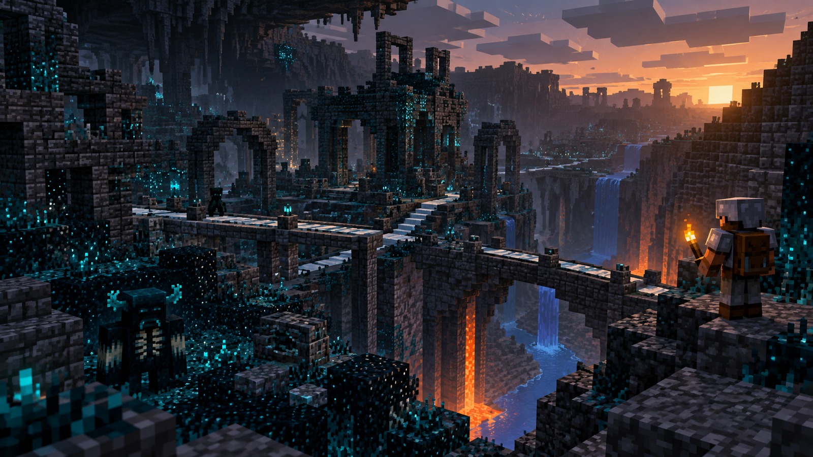 Minecraft-style cherry grove above the deep dark editorial scene