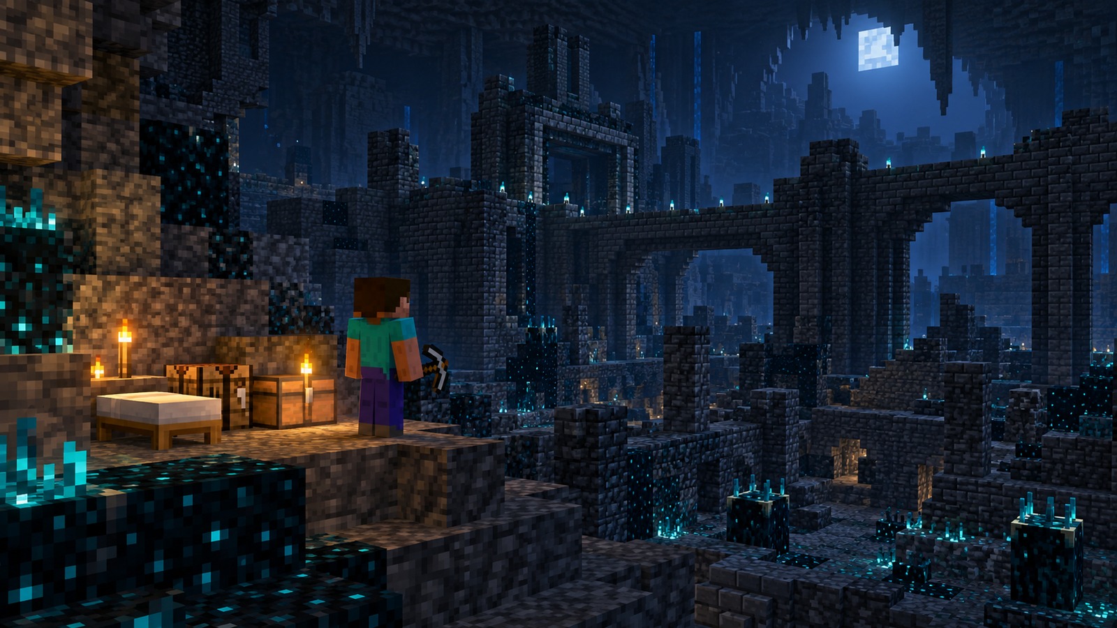 Minecraft-style village-to-city expedition editorial scene
