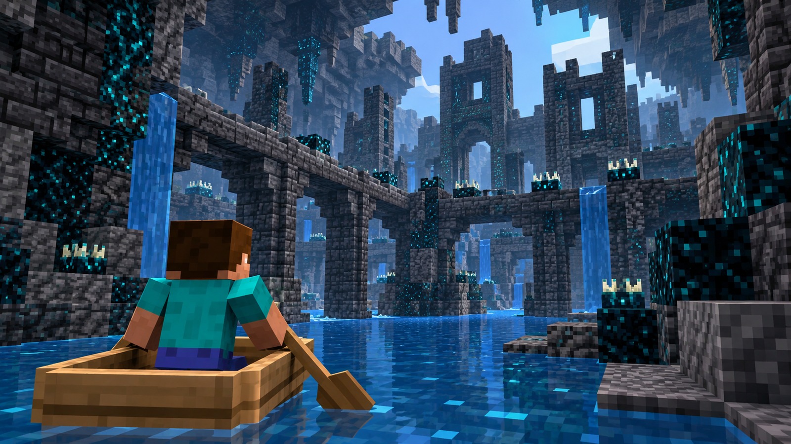 Minecraft-style mansion and ancient city world editorial scene