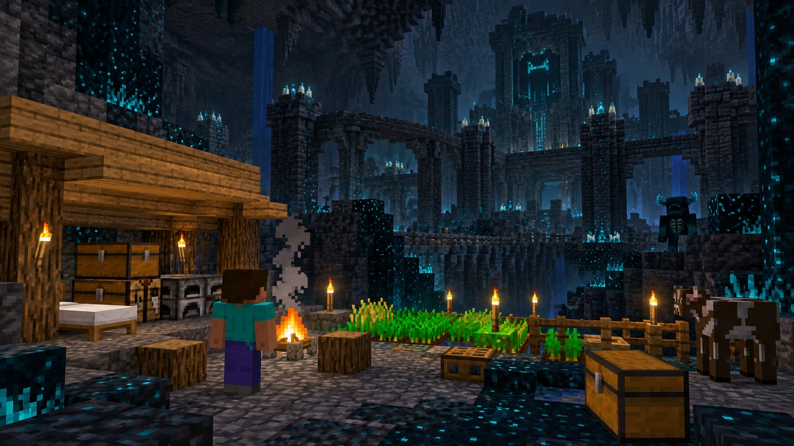 Minecraft-style dappled forest city route editorial scene