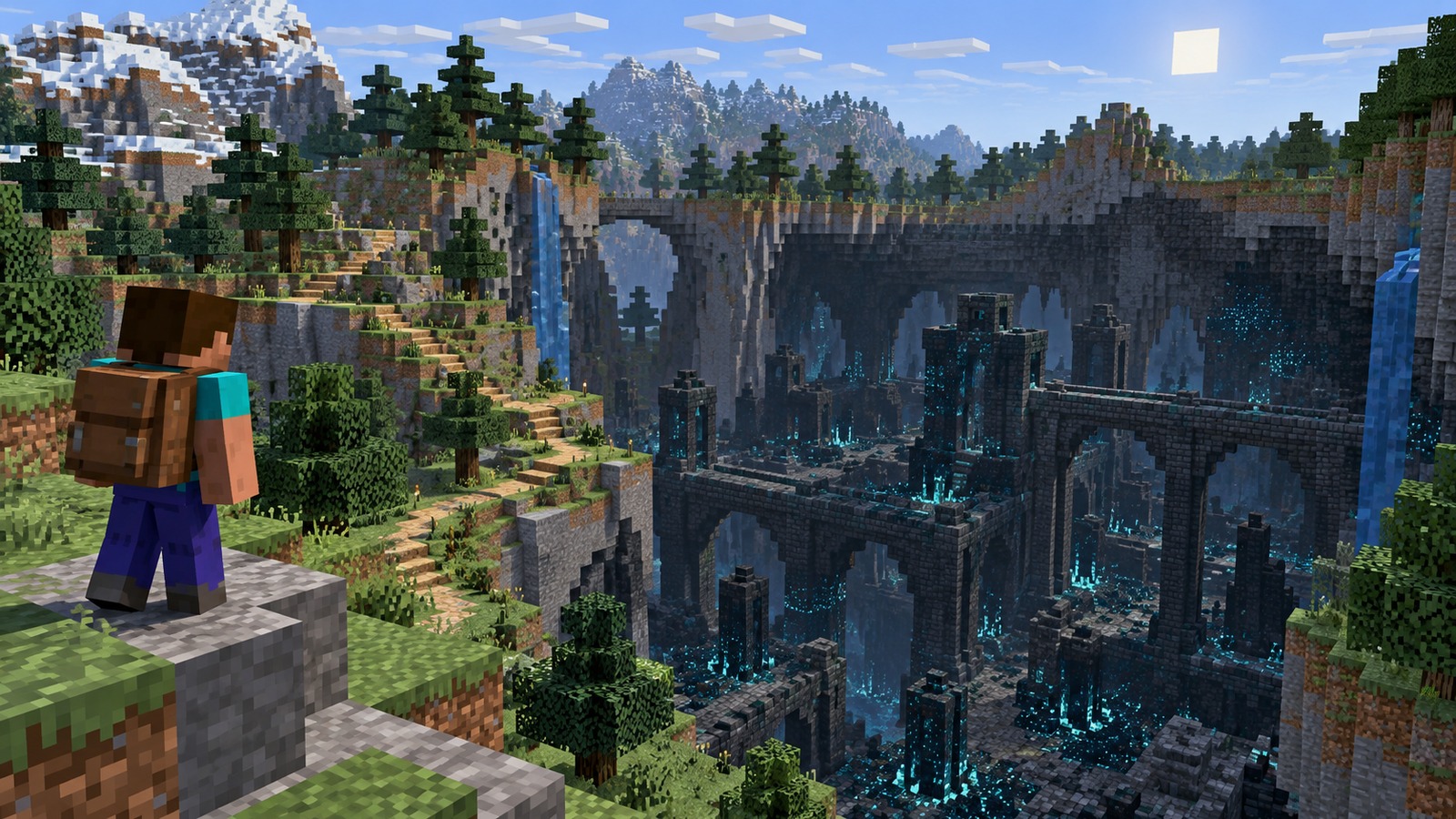Minecraft-style pale garden city start editorial scene