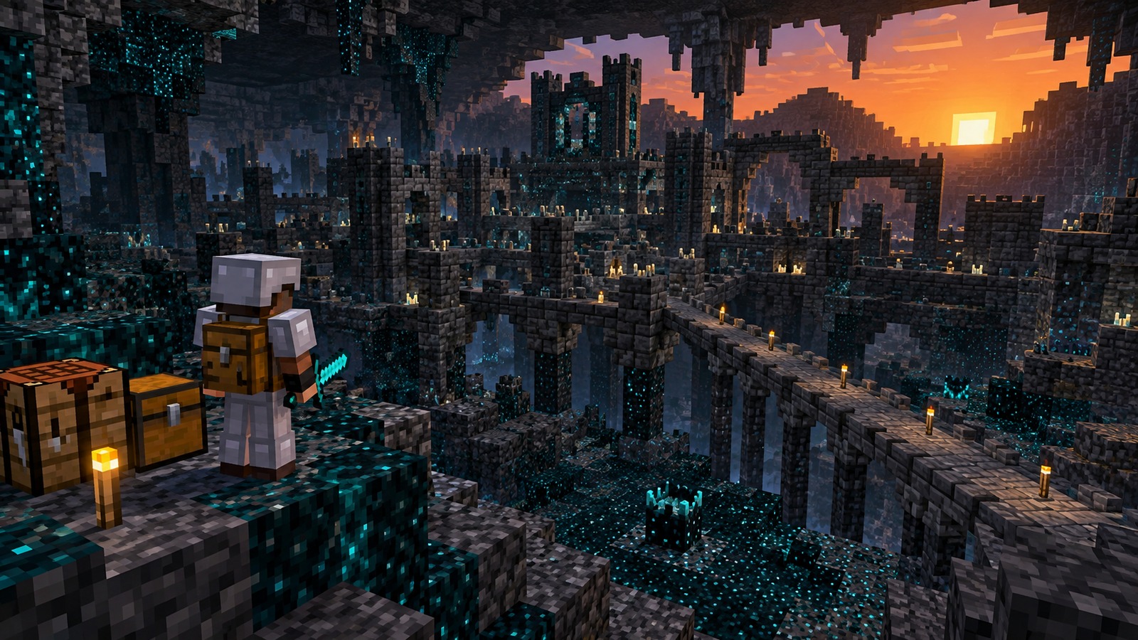Minecraft-style twin-city cherry start editorial scene