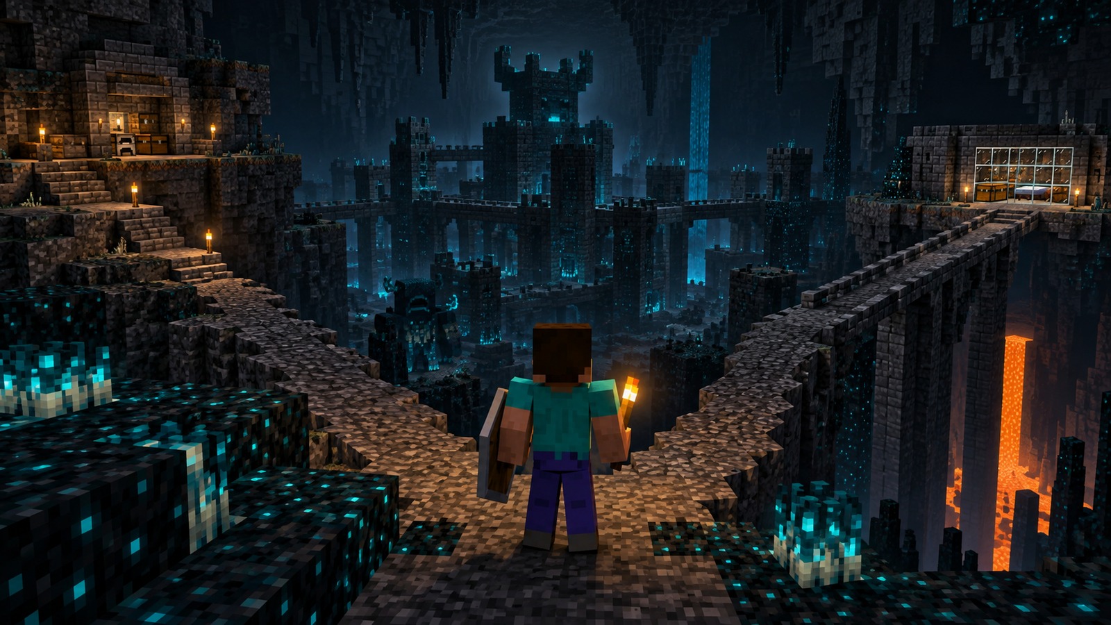 Minecraft-style player choosing among ancient city worlds