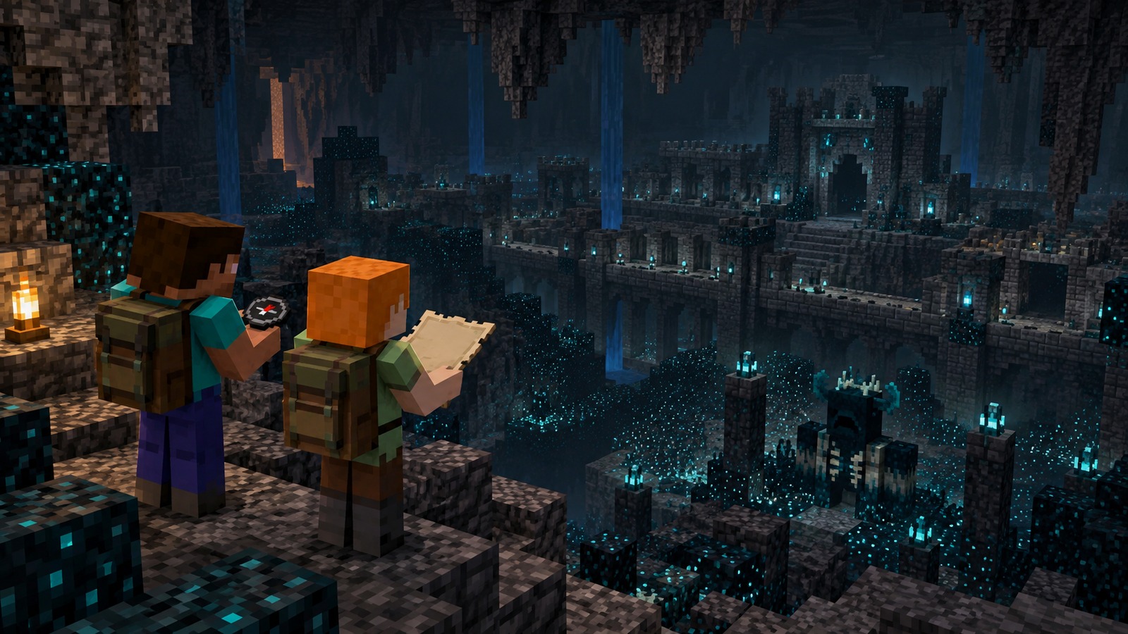 Split Minecraft-style comparison showing a ancient city seed mismatch