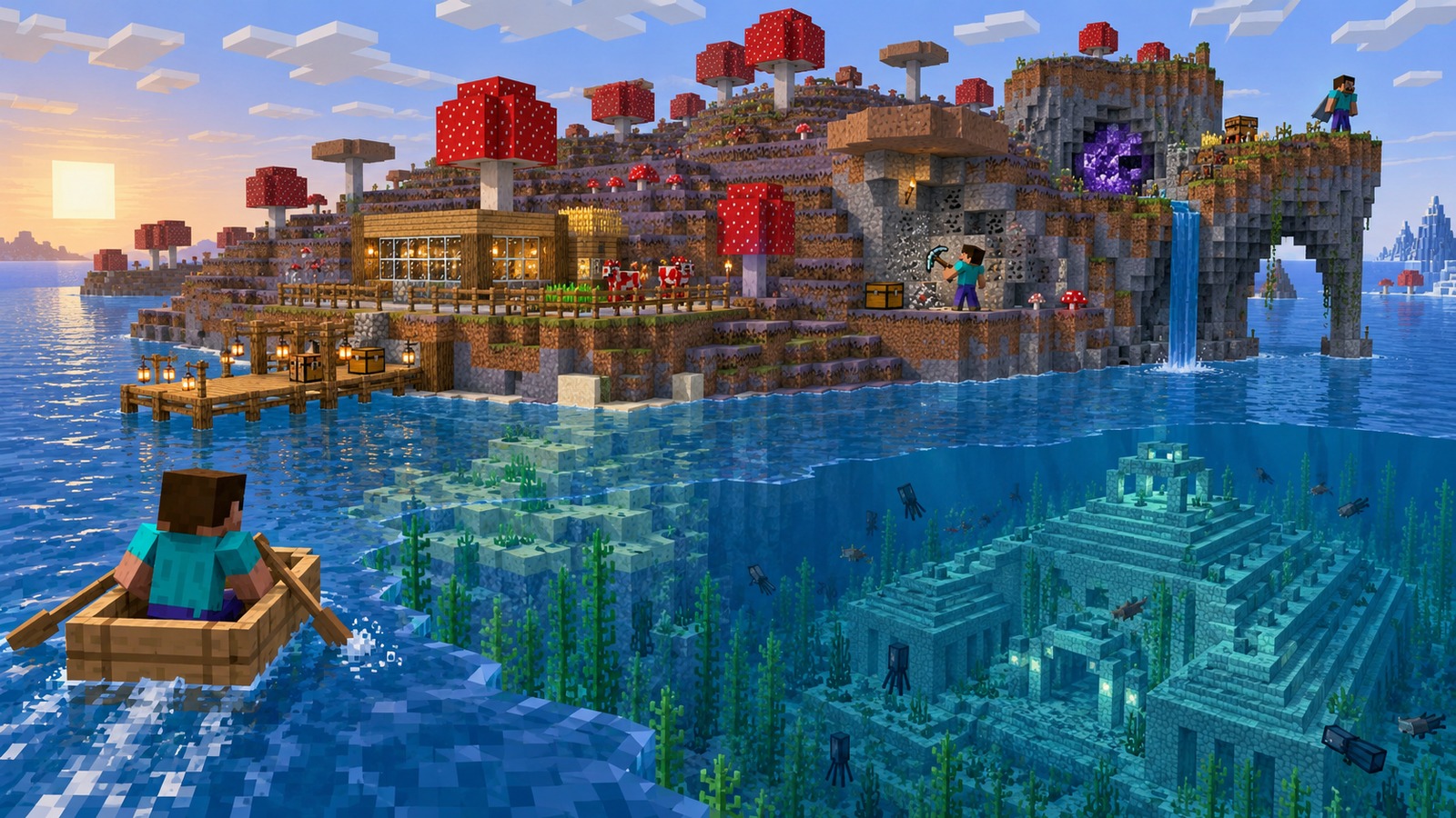 Minecraft-style overview of mushroom island + ocean monument seed categories