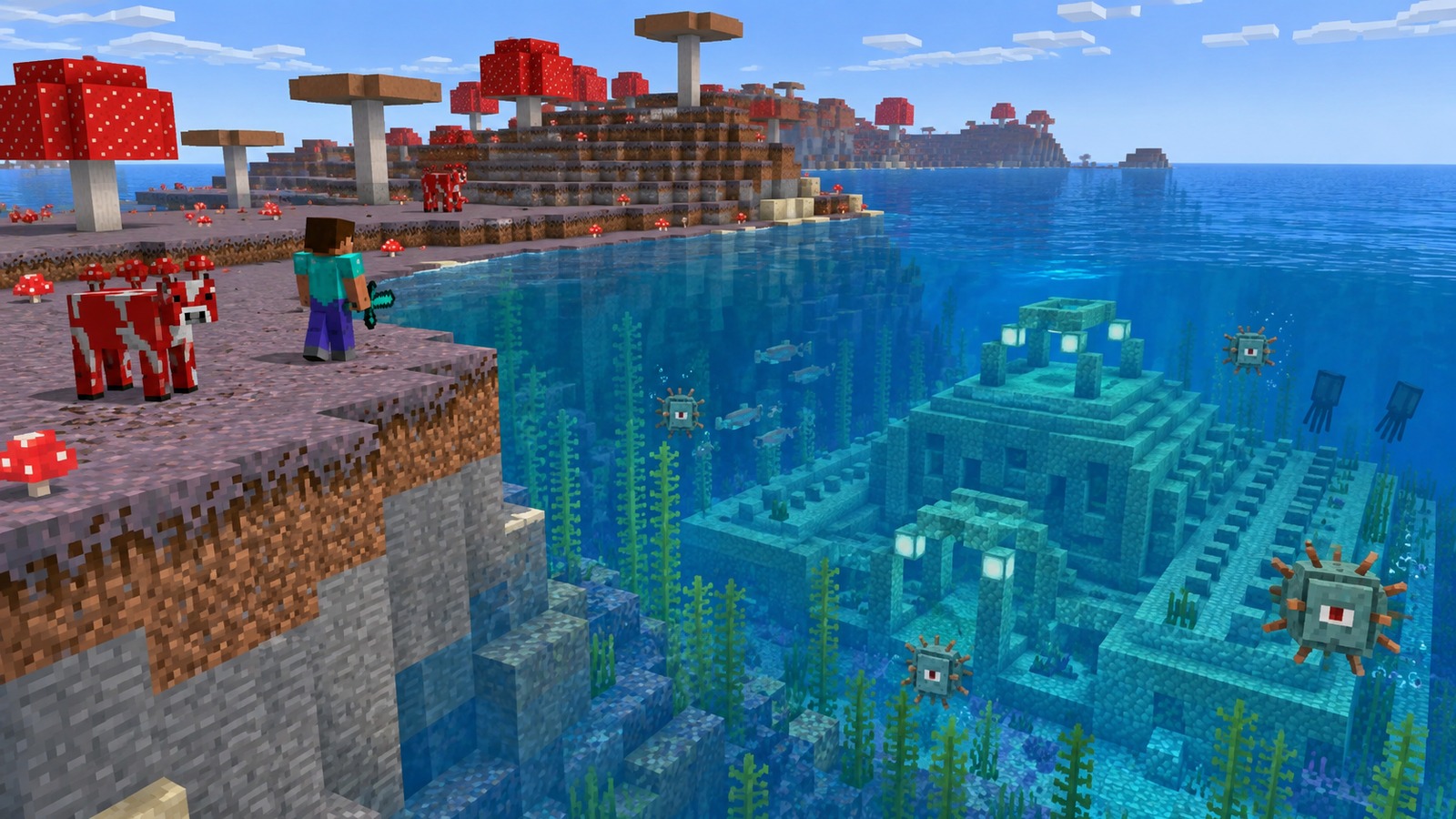 Minecraft-style explanation of mushroom island + ocean monument