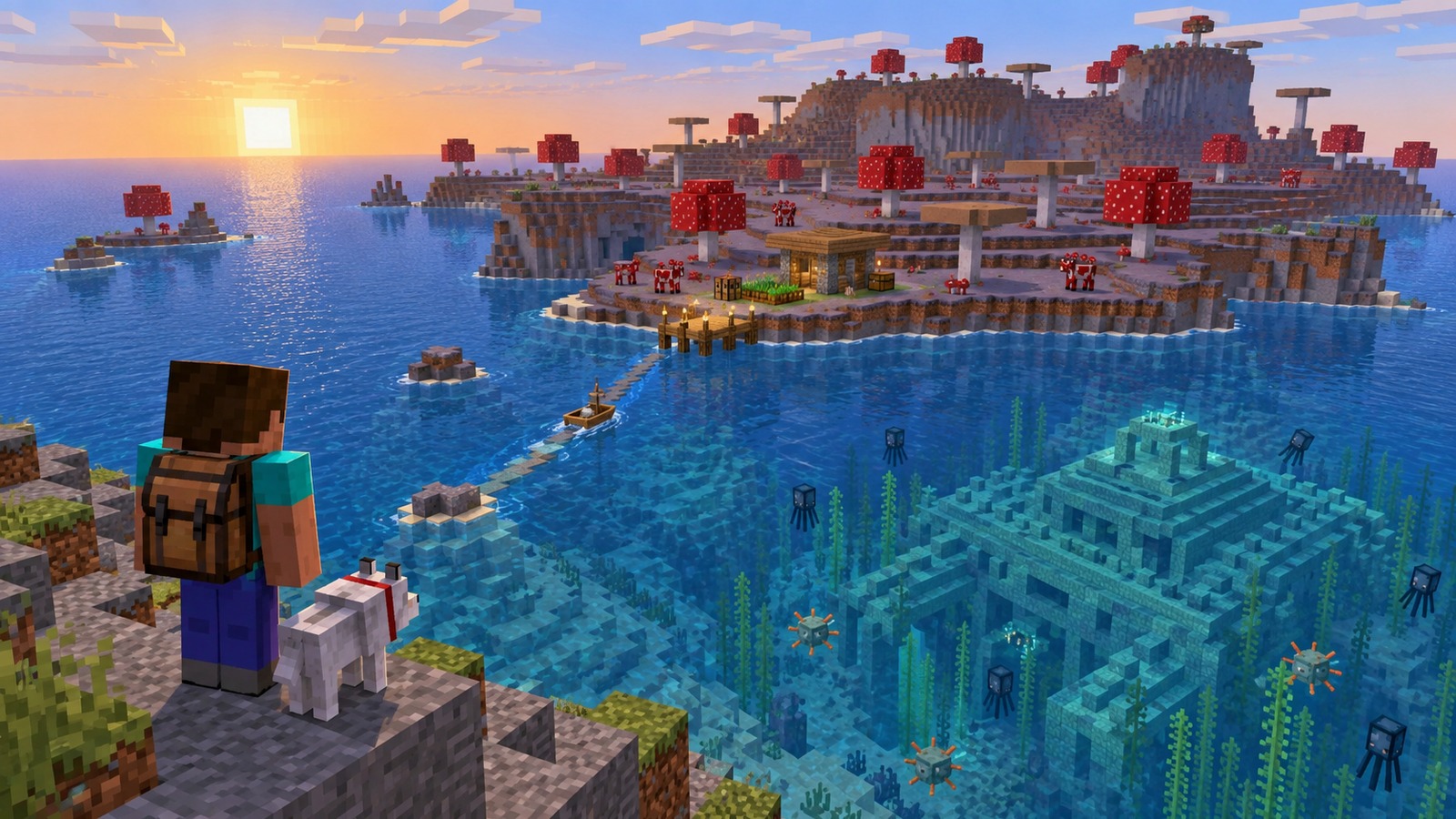 Minecraft-style balanced island-and-monument route editorial scene