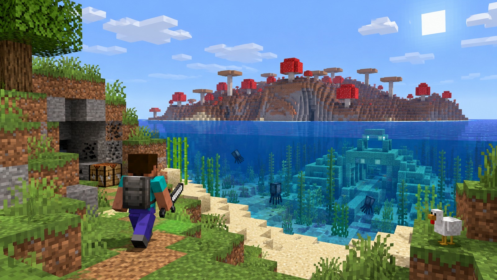 Minecraft-style closest monument start editorial scene