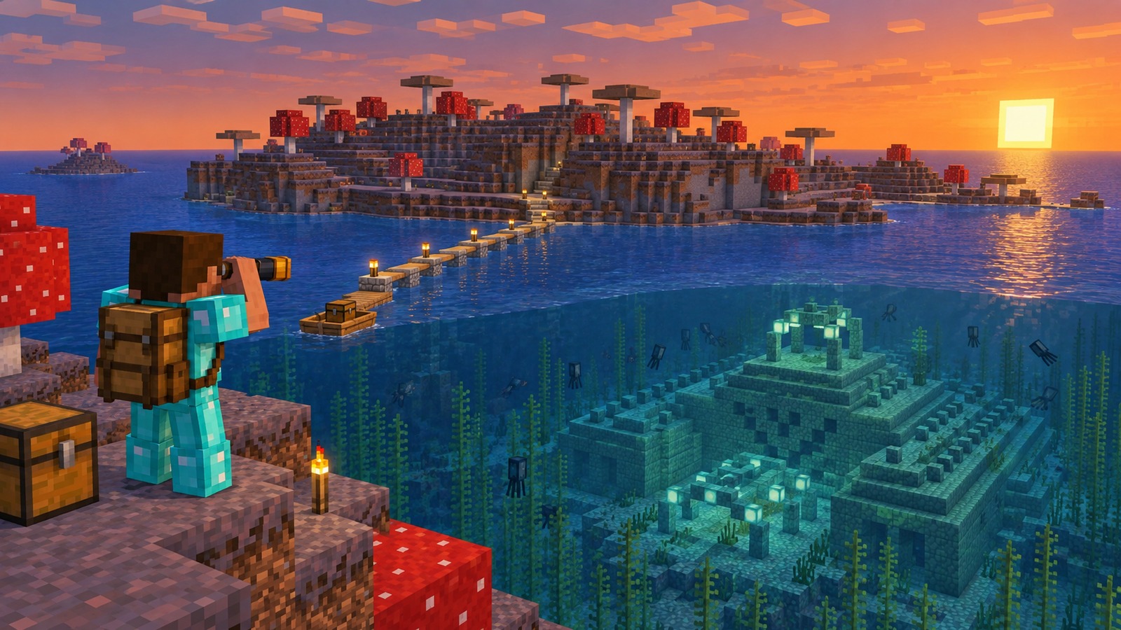 Minecraft-style two-direction ocean quest editorial scene