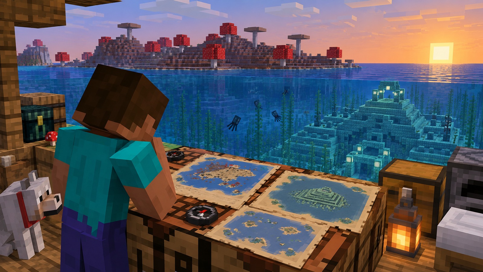 Minecraft-style mapping table comparing mushroom island + ocean monument routes