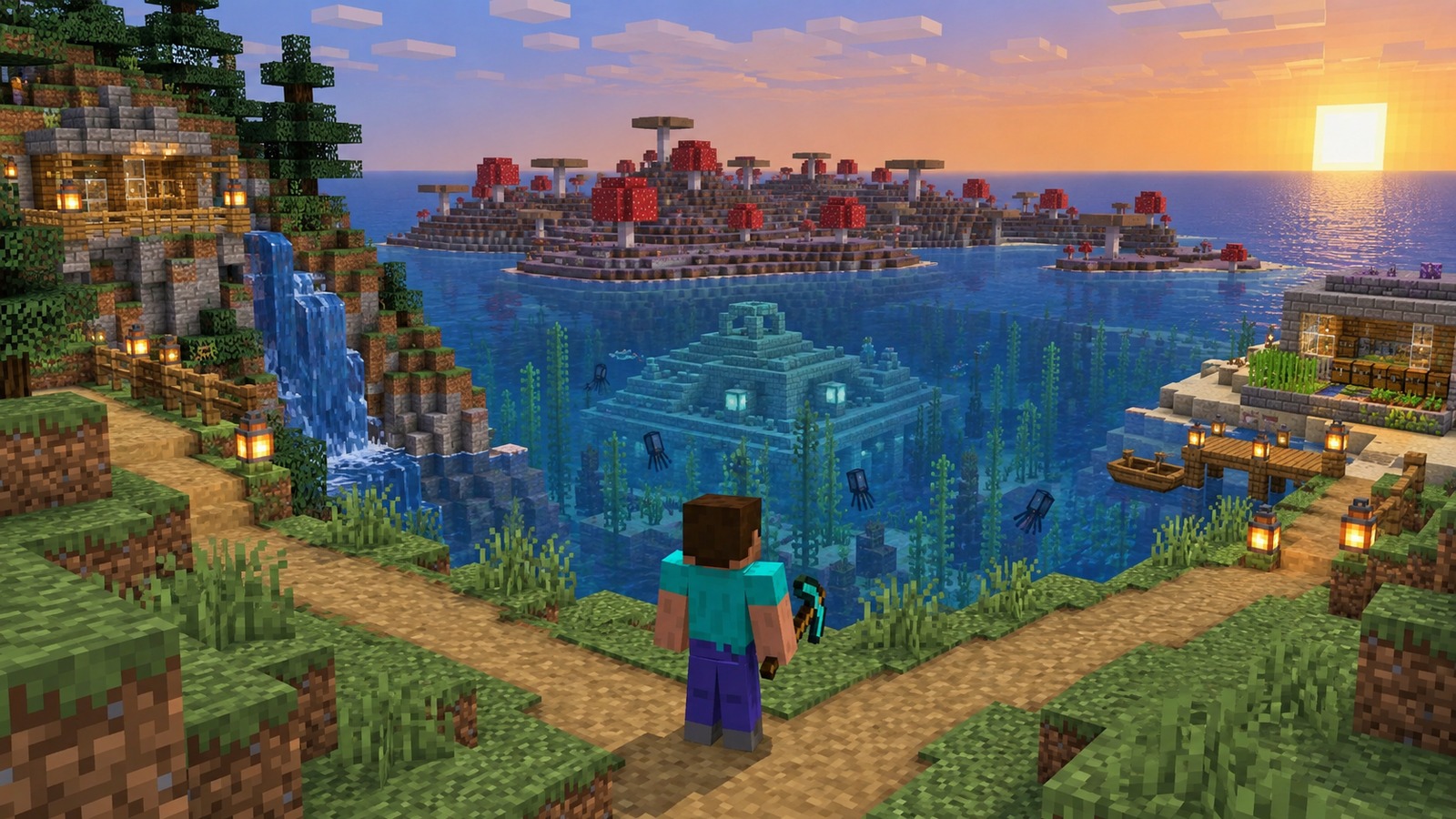 Minecraft-style player choosing among mushroom island + ocean monument worlds