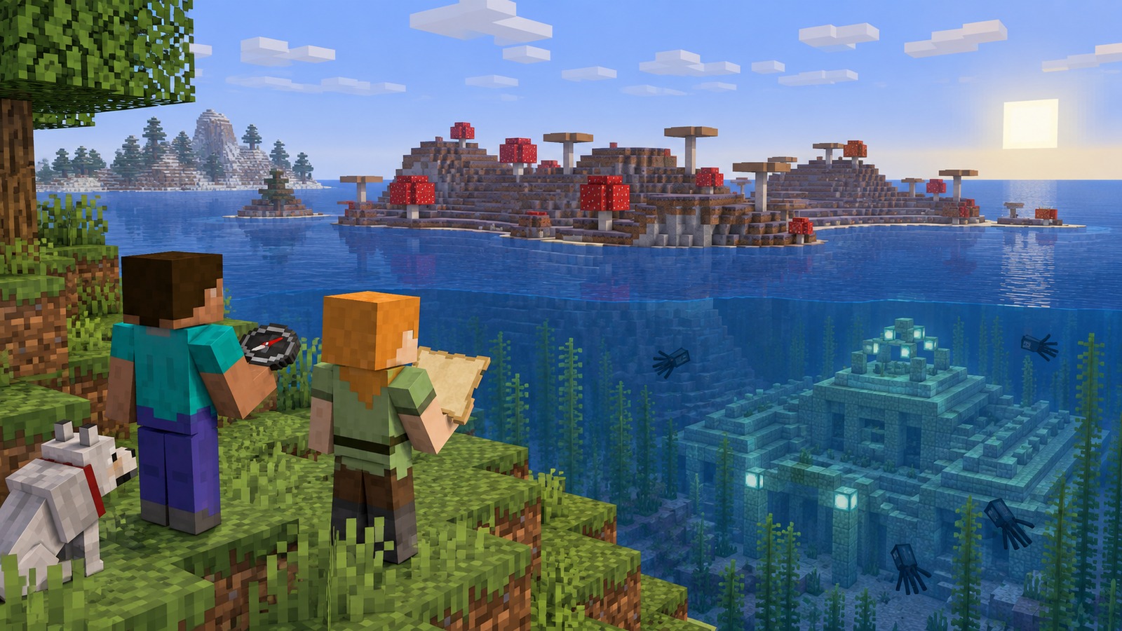 Split Minecraft-style comparison showing a mushroom island + ocean monument seed mismatch