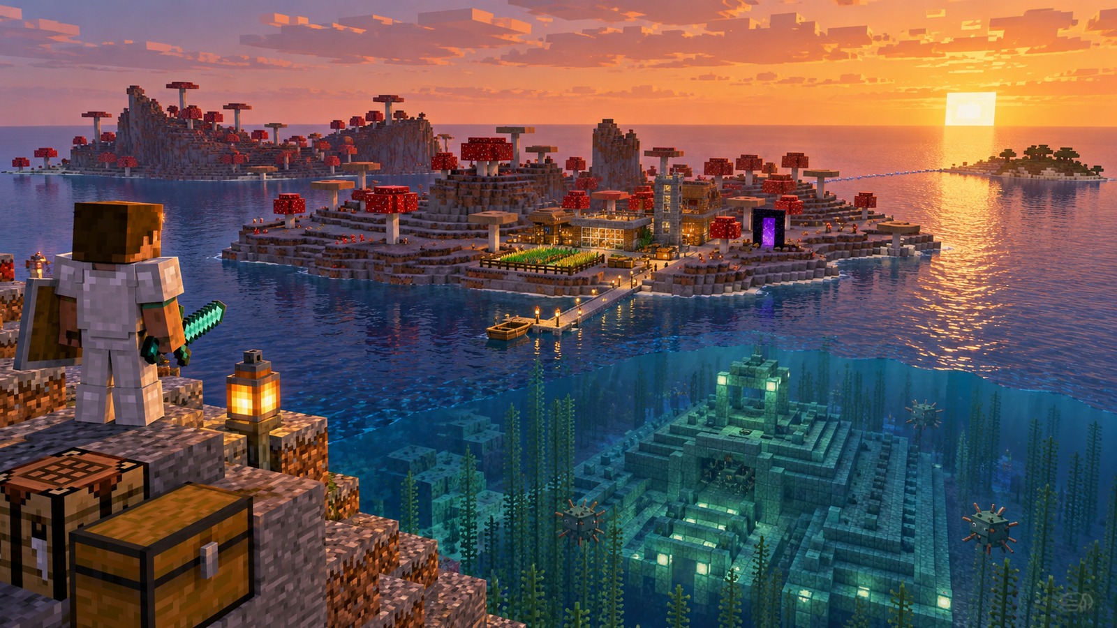 Minecraft-style final recommendation scene for mushroom island + ocean monument seeds