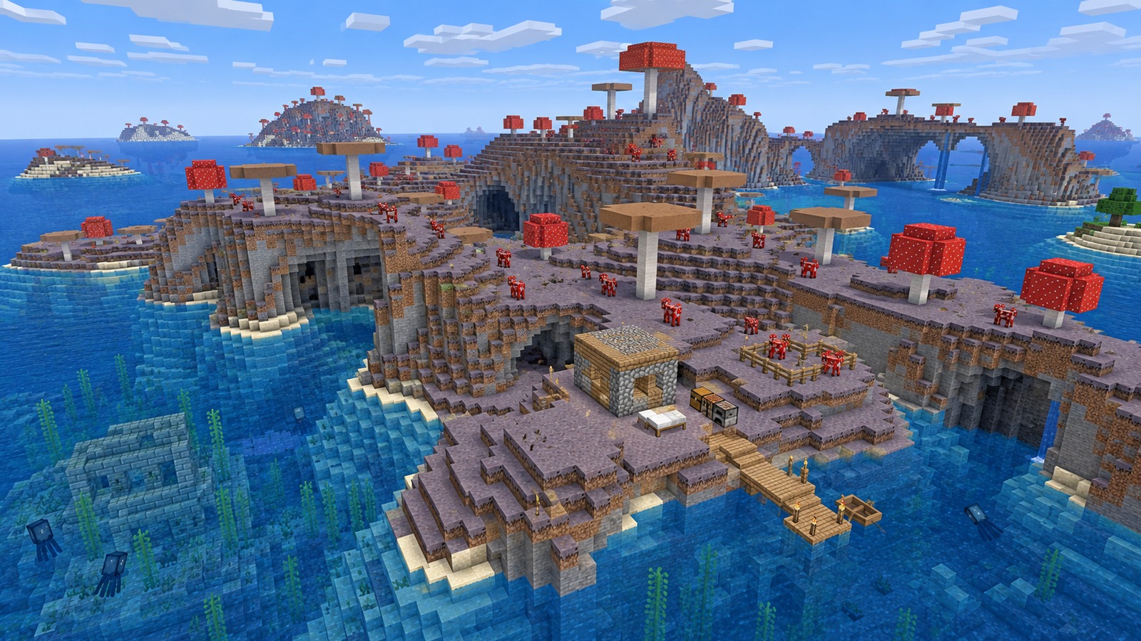 Minecraft-style wide mycelium building island editorial scene