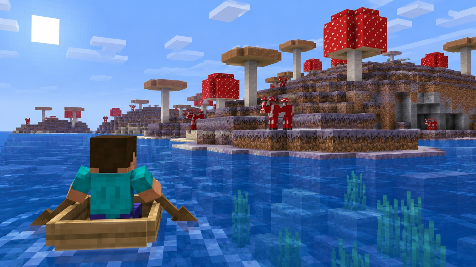 Minecraft-style cold-coast mushroom voyage editorial scene