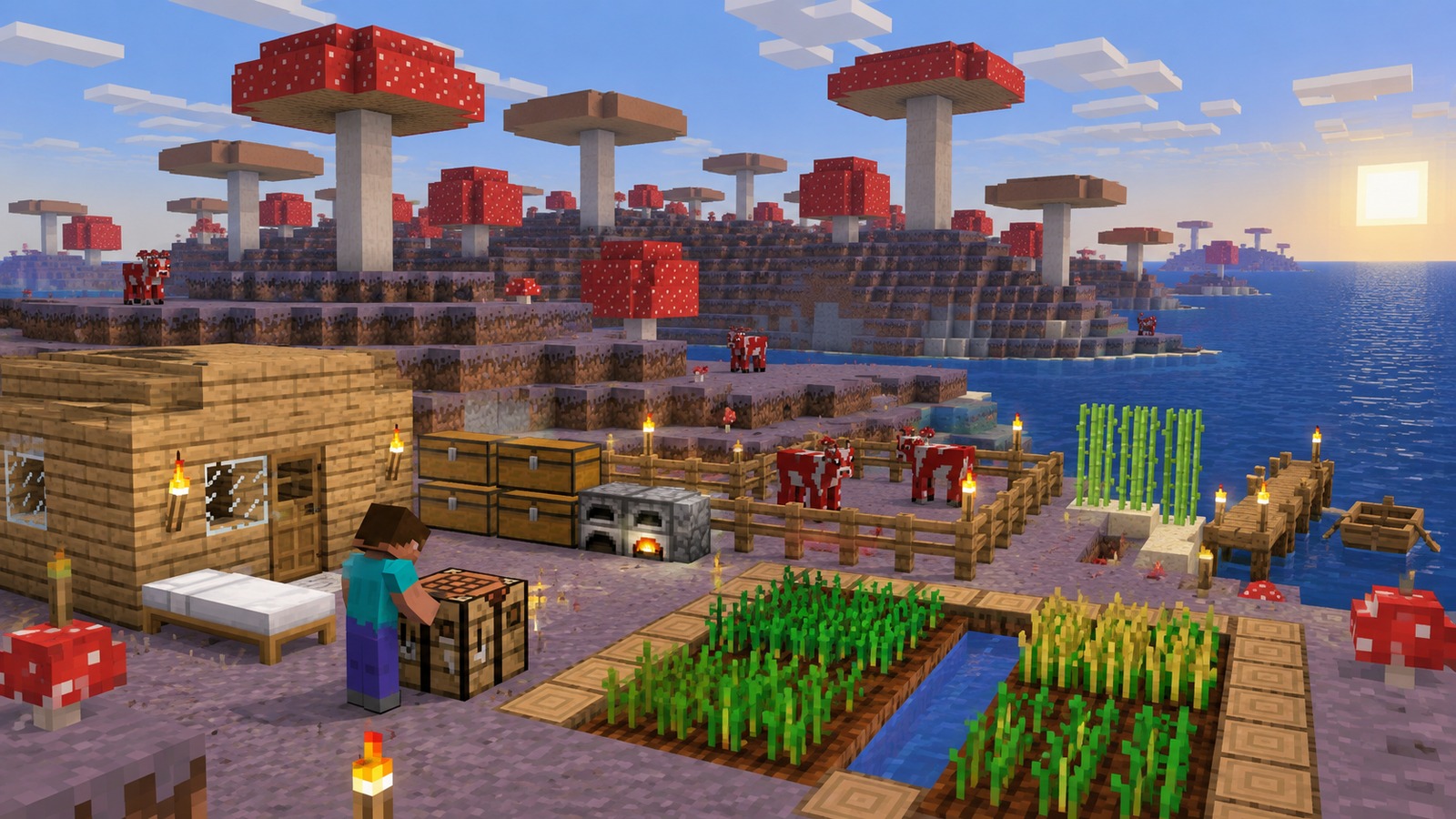 Minecraft-style portal-and-island start editorial scene