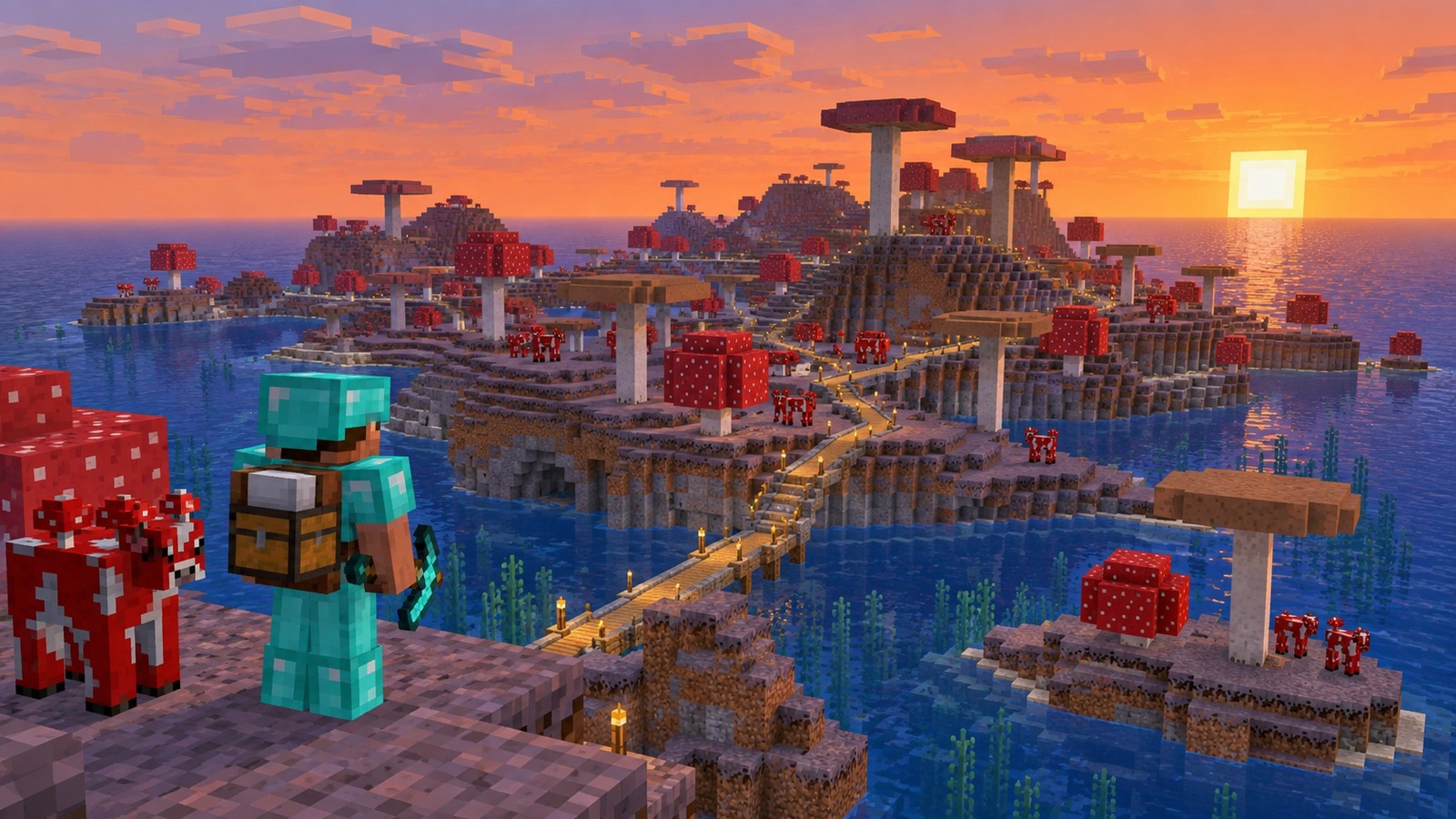 Minecraft-style scenic mushroom coast editorial scene