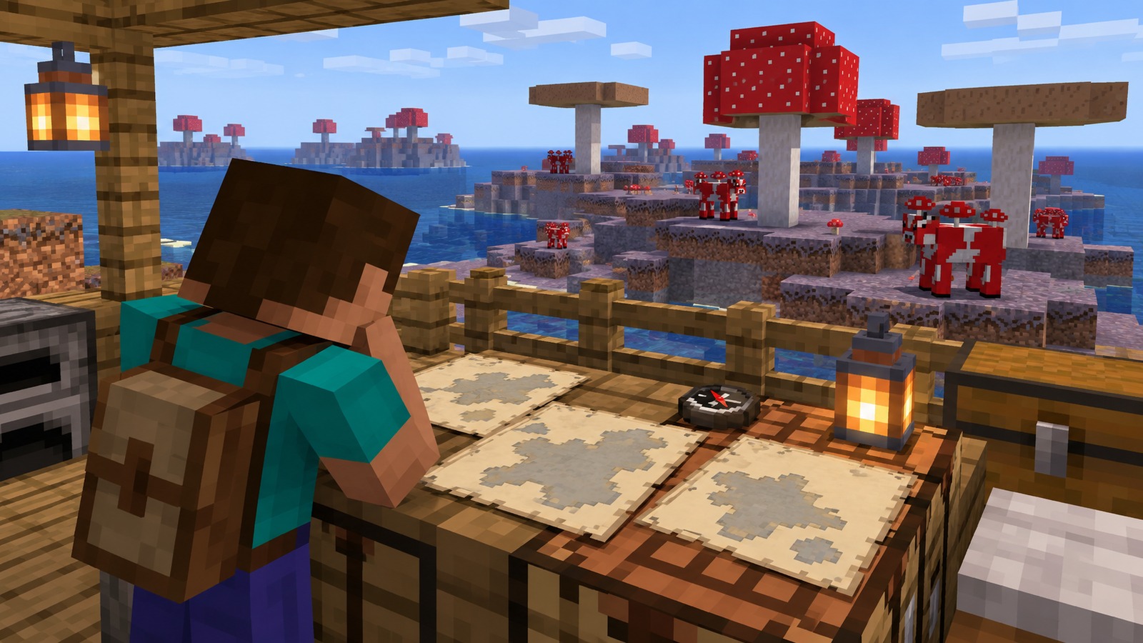 Minecraft-style mapping table comparing mushroom island routes