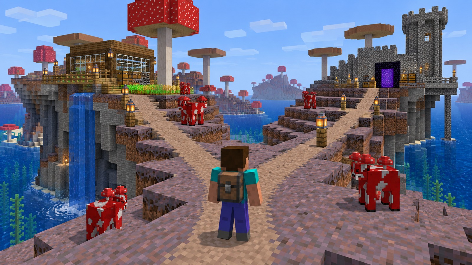 Minecraft-style player choosing among mushroom island worlds
