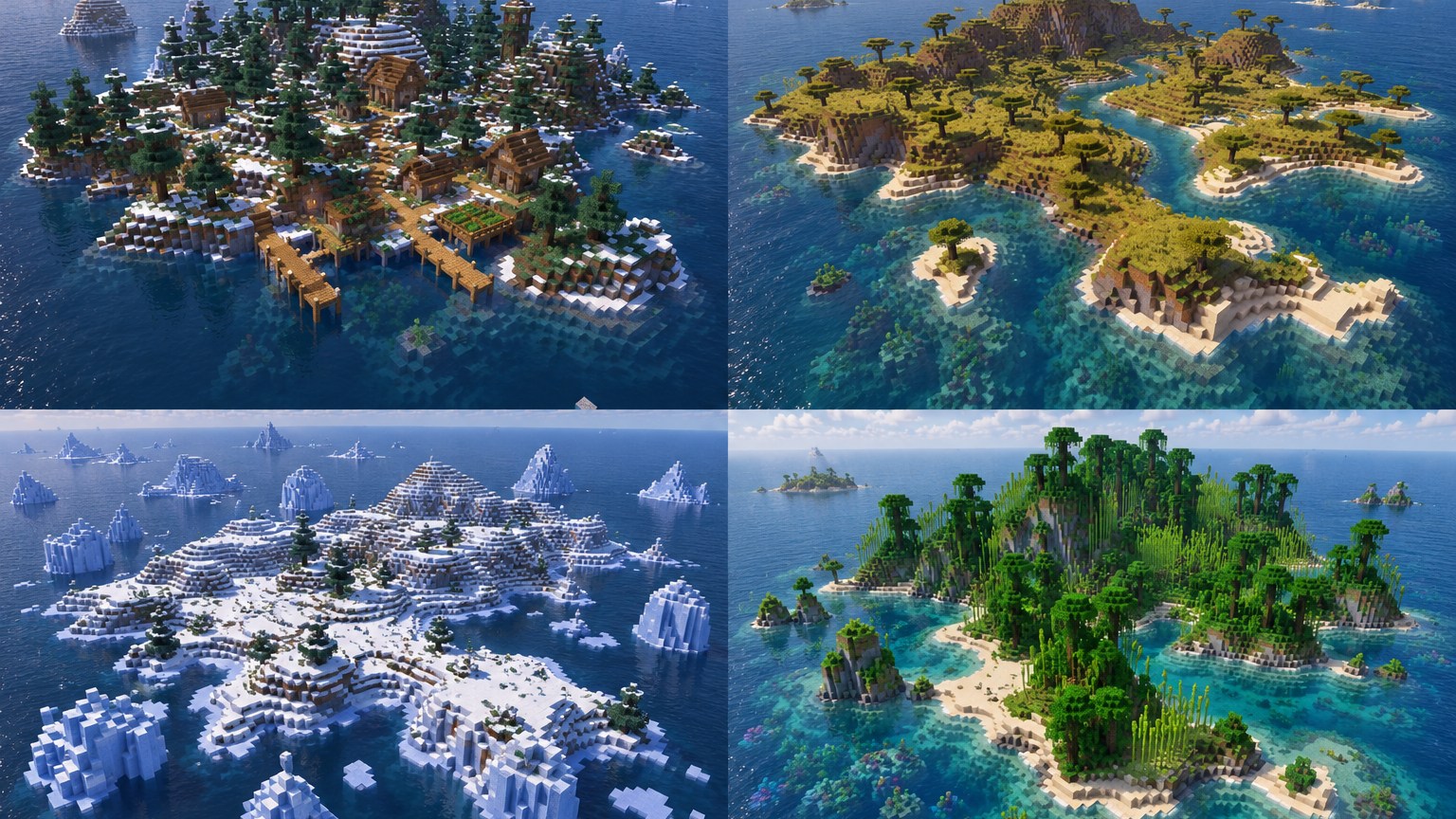 Four-panel Minecraft-style overview of taiga, savanna, snowy and bamboo jungle survival islands