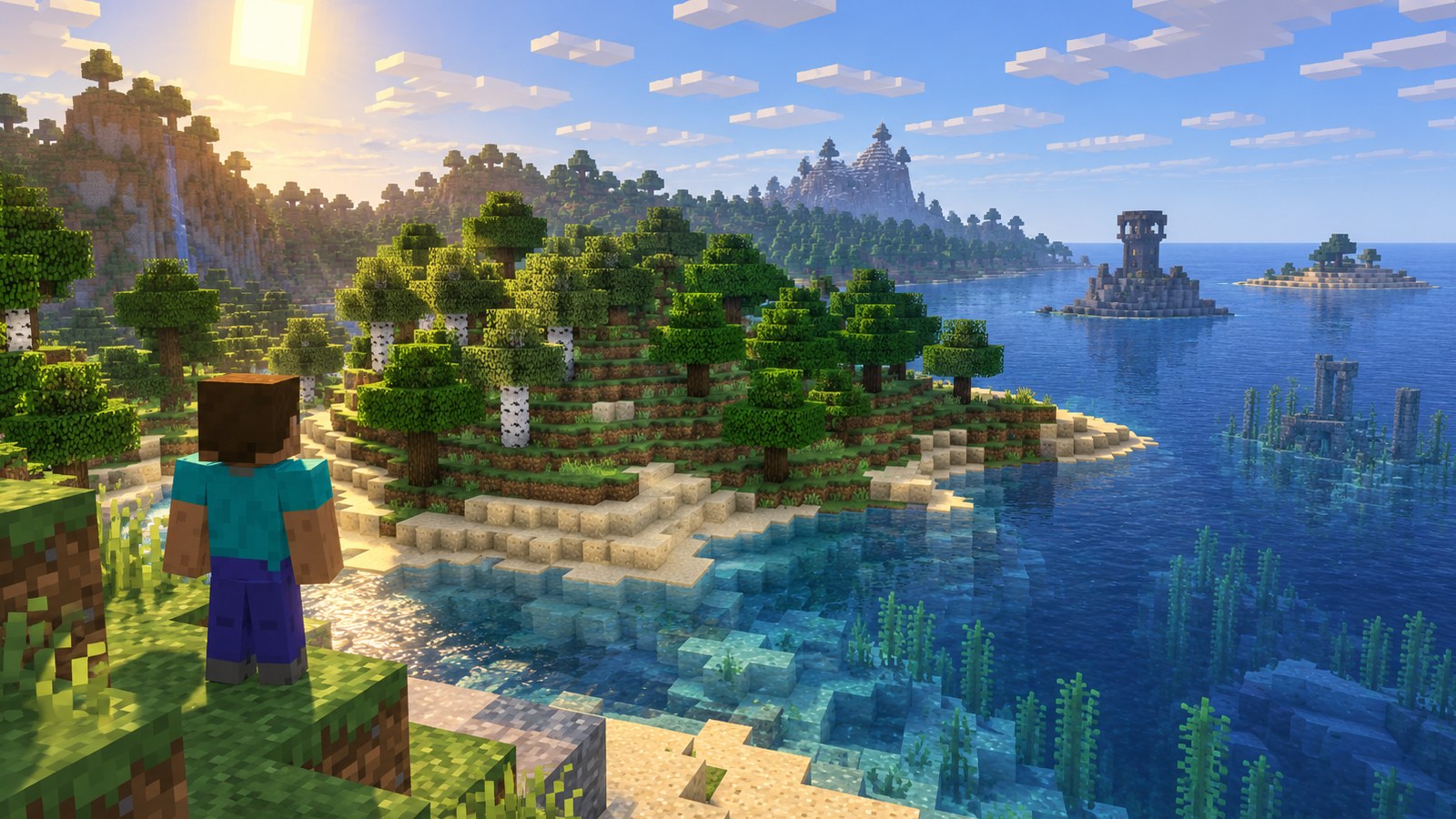 Minecraft-style explorer looking across an island landscape generated for a version-focused guide