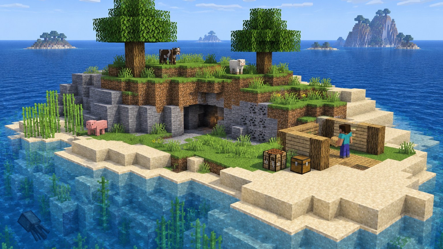 Minecraft-style resource-balanced island with trees, animals, stone, sugar cane and a starter shelter