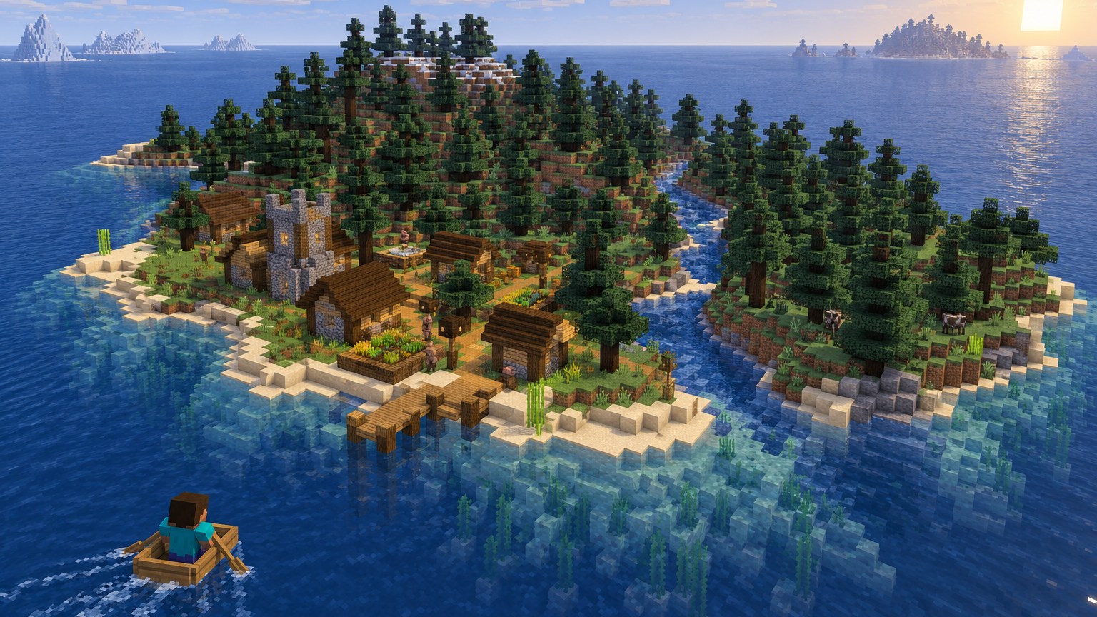 Minecraft-style taiga village island viewed from a player's boat