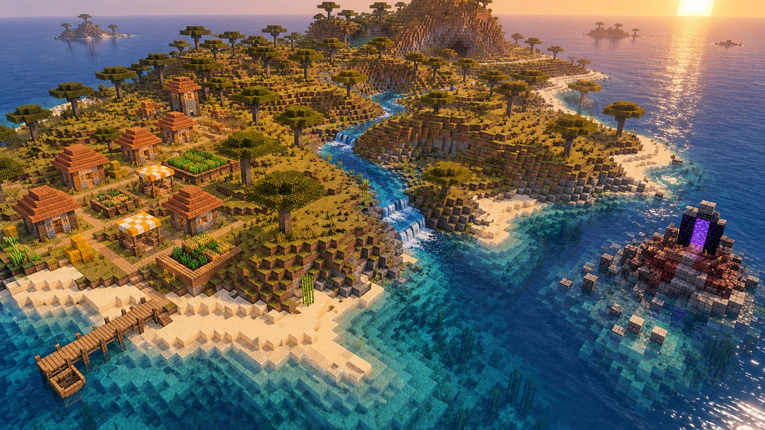 Minecraft-style savanna village island with a river and ruined portal offshore