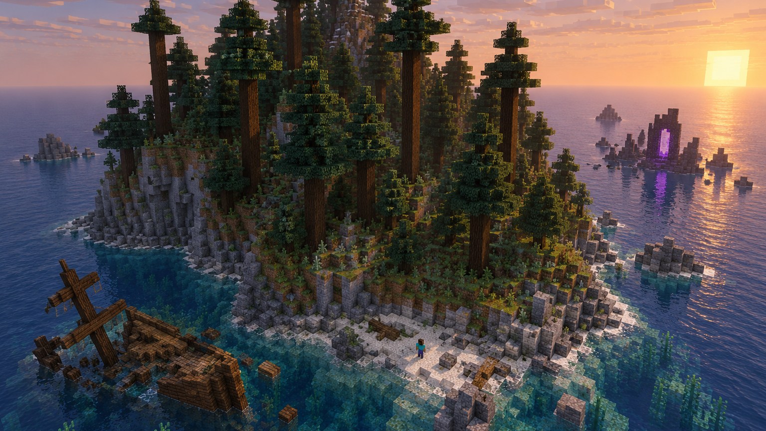 Minecraft-style steep survival island covered with giant spruce trees