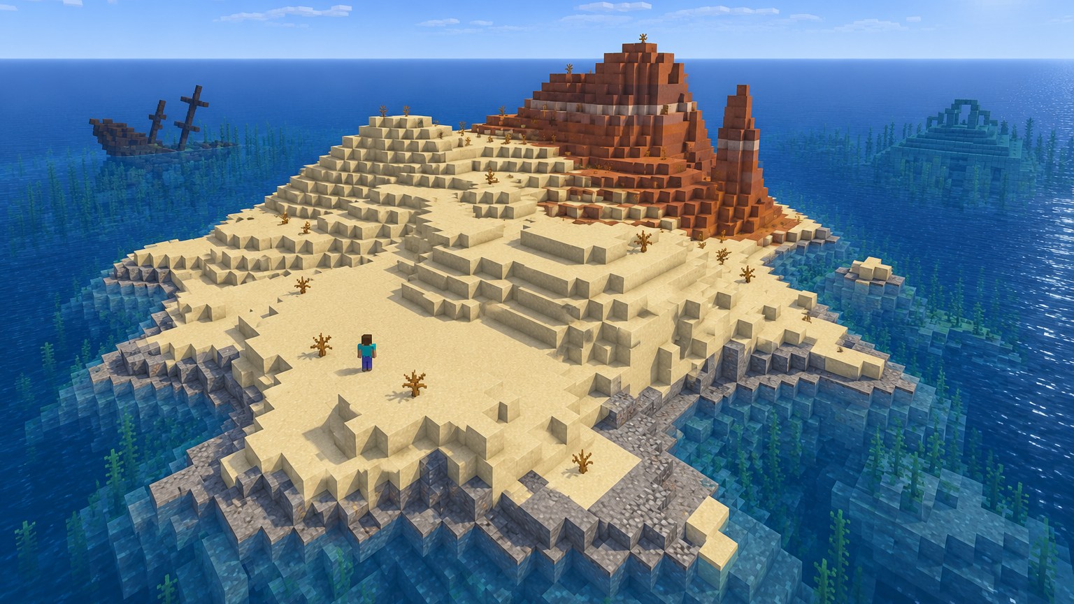 Minecraft-style isolated desert and badlands island surrounded by ocean