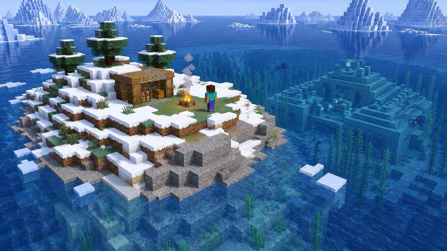Minecraft-style snowy island with an Ocean Monument visible underwater