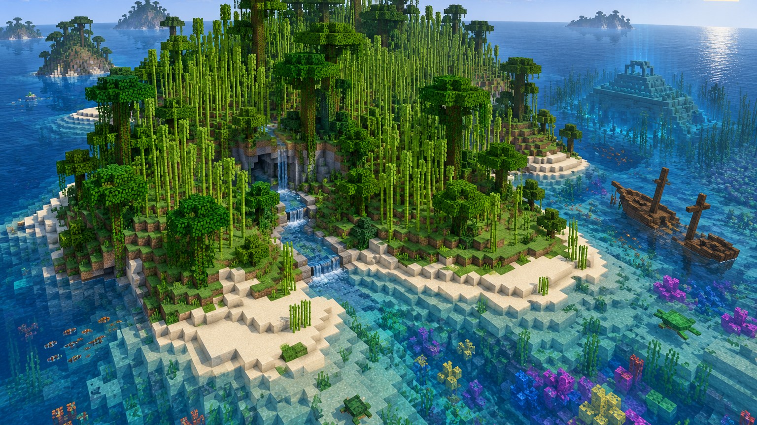 Minecraft-style bamboo jungle survival island surrounded by warm ocean and coral