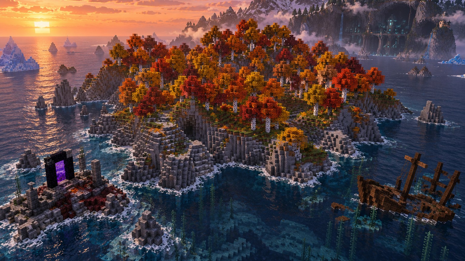 Minecraft-style rugged Dappled Forest island with nearby shipwreck and ruined portal